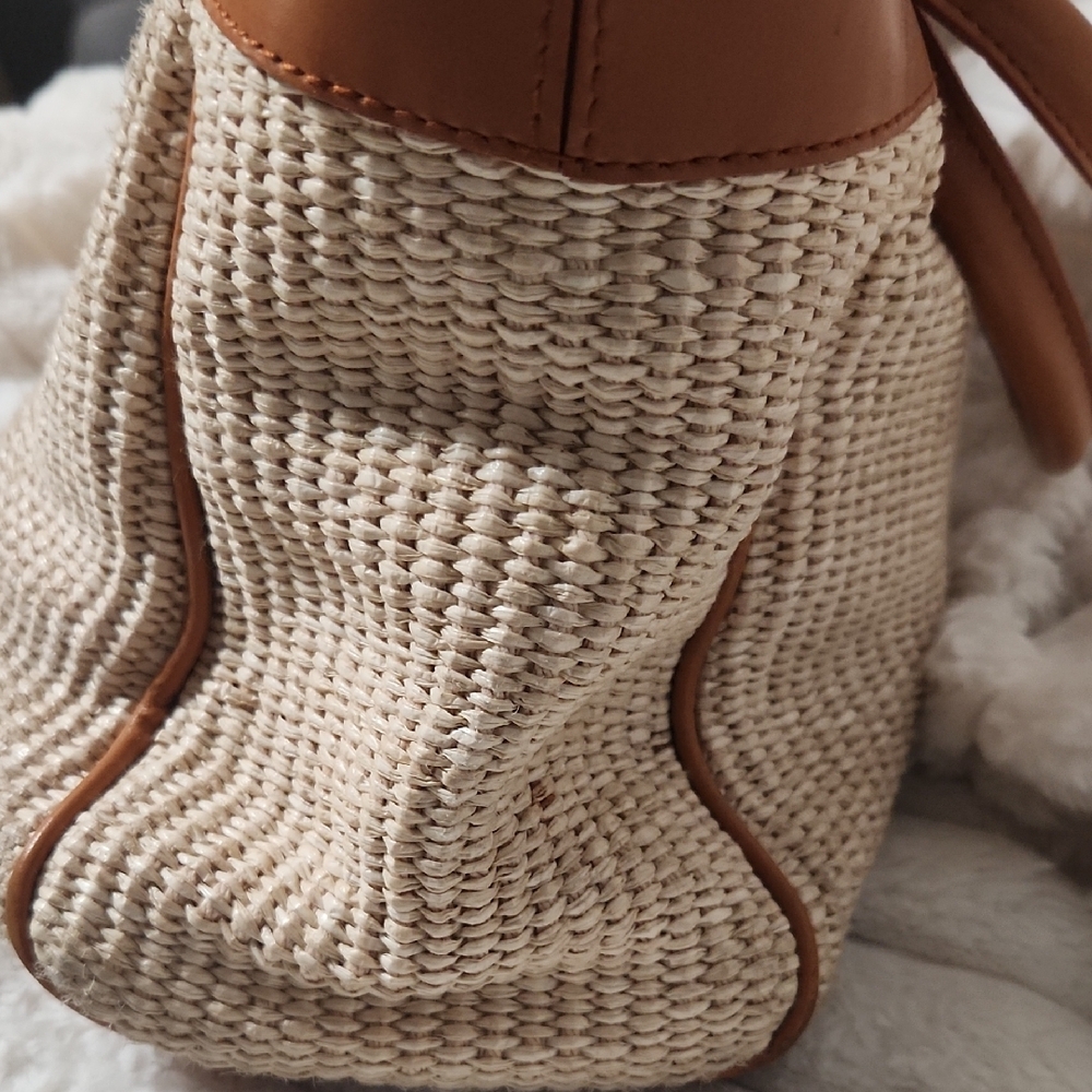 Furla Beige Woven Tote with Tan Leather Trim and Circular Buckle Accent - Picture 3 of 10